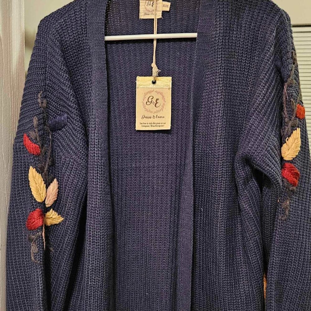 Navy Blue Cardigan with Embroidery detail, Xl, Grace and Emma, New with Tags